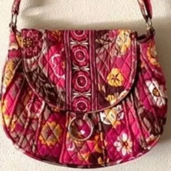 Vera Bradley crossbody saddle flap bag Sz L Carnaby pink brown - Picture 1 of 11